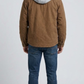 Regular fit dark tan hooded worker jacket layered perfectly over a casual flannel shirt for a modern workwear aesthetic.