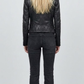 Tailored fit women's black leather sportcoat offering a clean silhouette with functional side flap pockets.