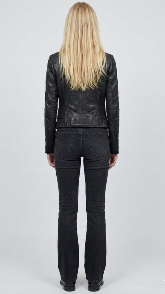 Tailored fit women's black leather sportcoat offering a clean silhouette with functional side flap pockets.