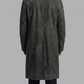 Regular fit men's dark grey leather duster coat with deep side pockets and classic lapels, combining functionality with style.