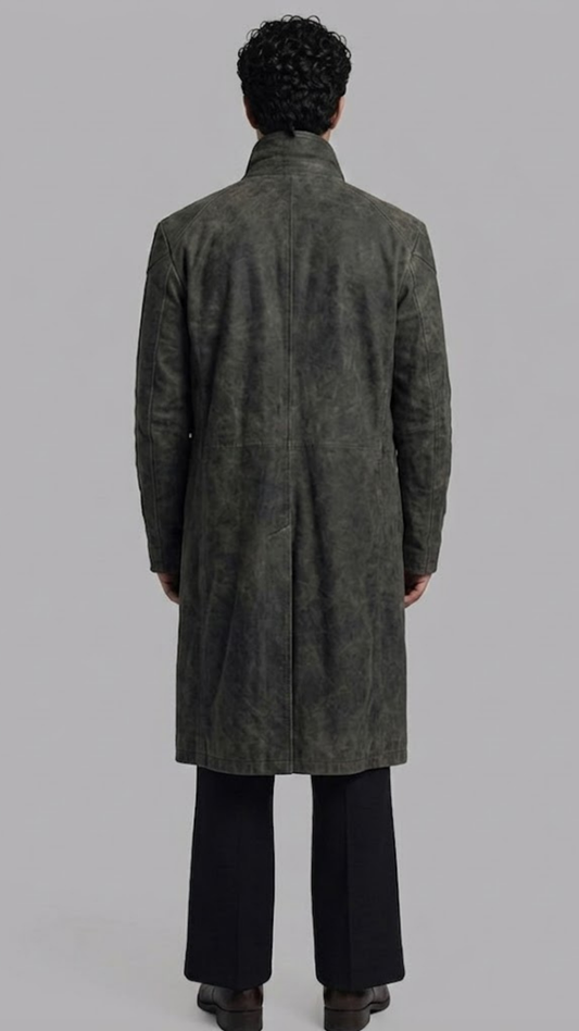 Regular fit men's dark grey leather duster coat with deep side pockets and classic lapels, combining functionality with style.