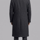 Regular fit men's dark grey wool long coat with functional side pockets, offering a clean modern profile.