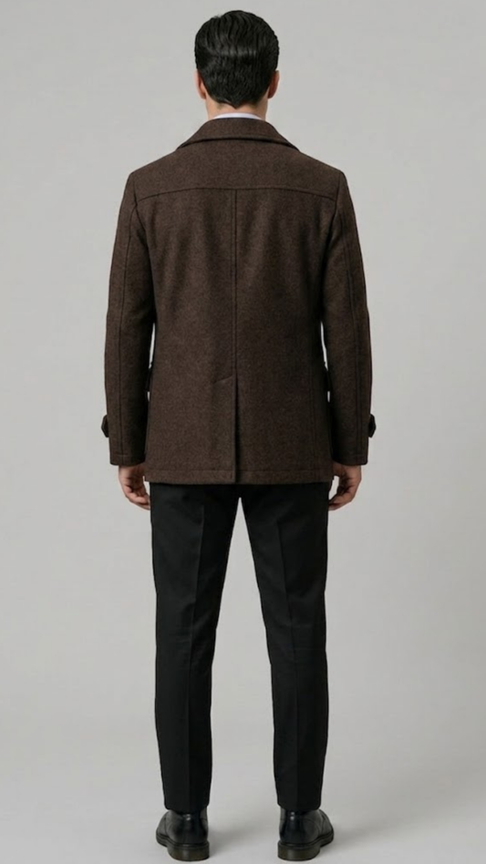 Regular fit men's chocolate brown wool jacket with deep side welt pockets, offering both utility and a modern clean profile.