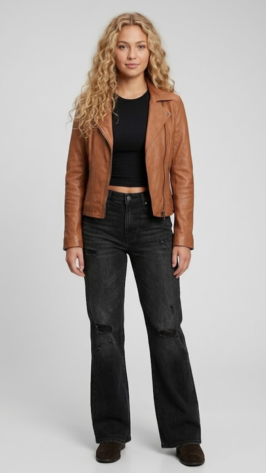 Jackero premium tan biker leather jacket with its signature asymmetric silver cross-zip layout.