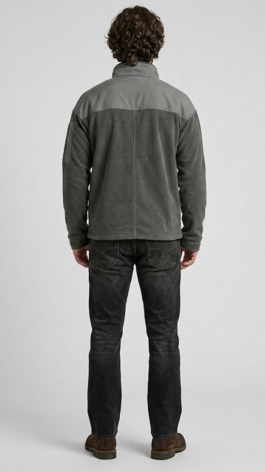 Tailored fit dark grey dual-tone soft suede jacket layered effortlessly for a contemporary urban streetwear aesthetic.