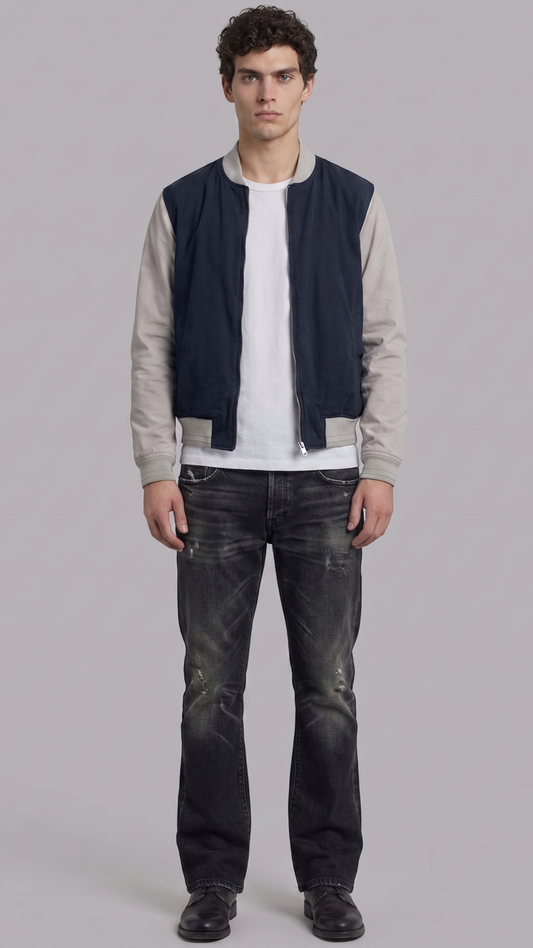 a premium dark navy blue and grey cotton jacket featuring a clean zip-up front and structured collar.