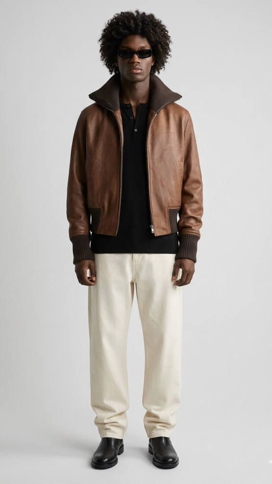 a model showcasing the Jackero premium mahogany dark brown leather bomber jacket styled with sharp contemporary streetwear.