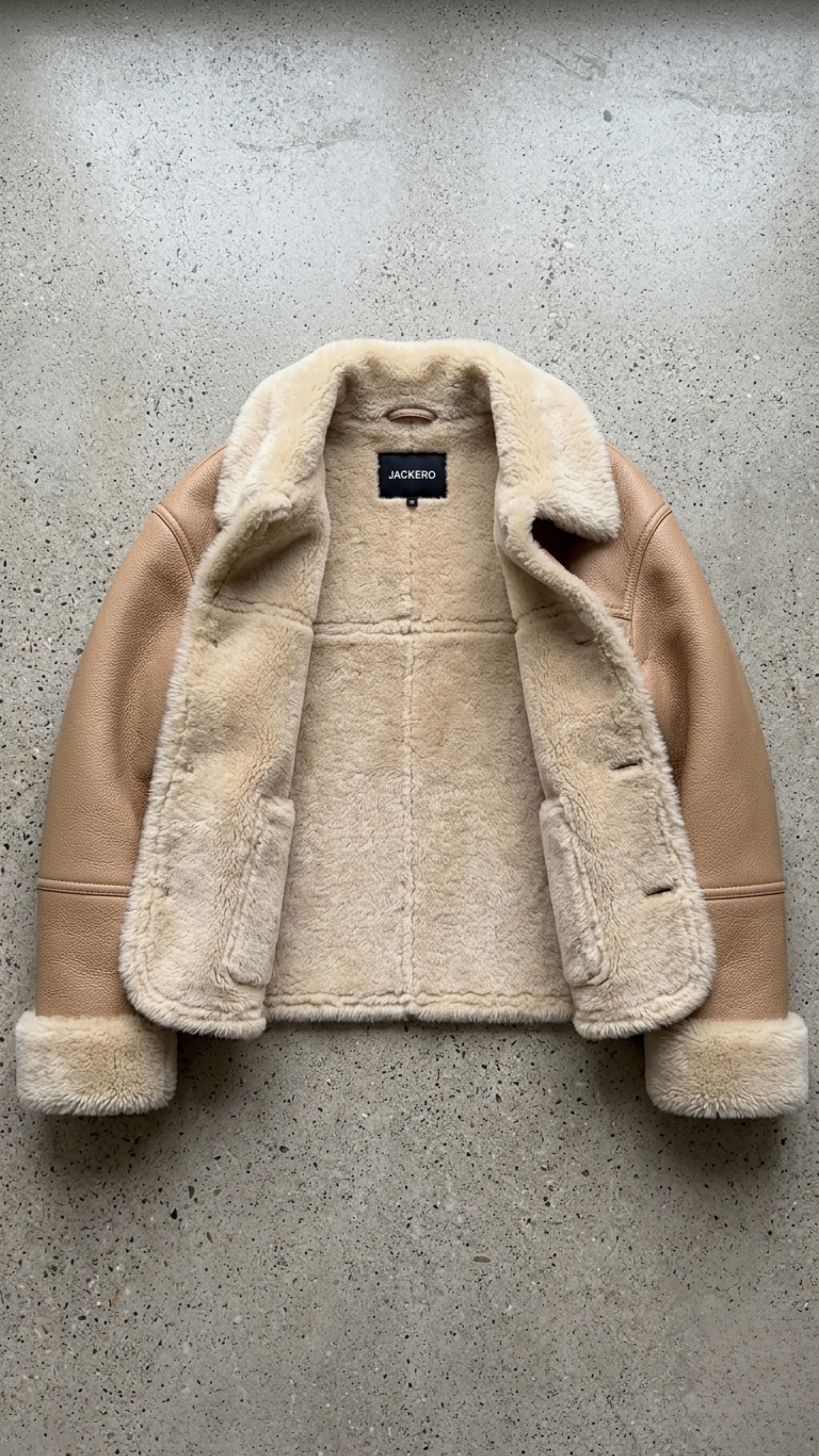 beige leather aviator coat showing the clean tailored silhouette and prominent cream shearling