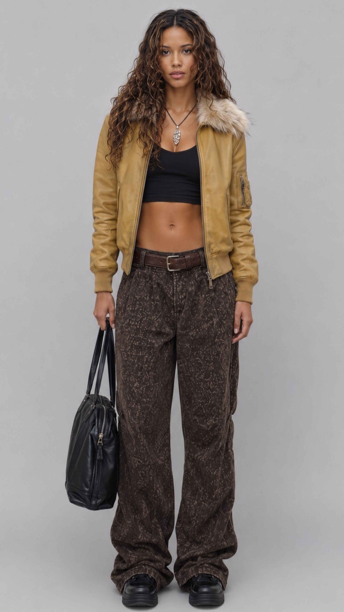 Front view of model wearing a premium dark mustard leather jacket with a plush fur collar and full front metal zipper