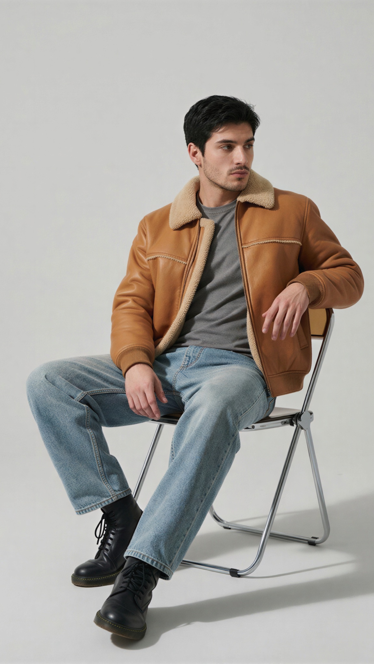 Classic vintage-style tan leather coat with soft cream sherpa lining, perfect for cold weather fashion.