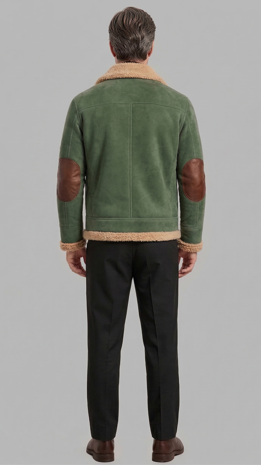 Men's olive green suede flight aviator jacket with a warm cream sheepskin collar and silver zippers.
