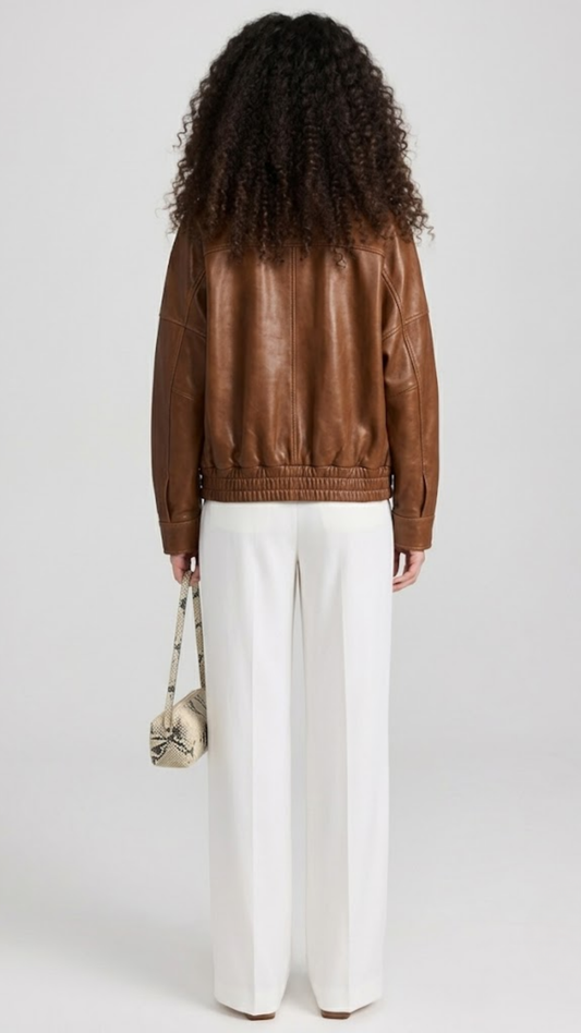 Minimalist studio portrait showcasing a women's oversized caramel brown lambskin leather coat.