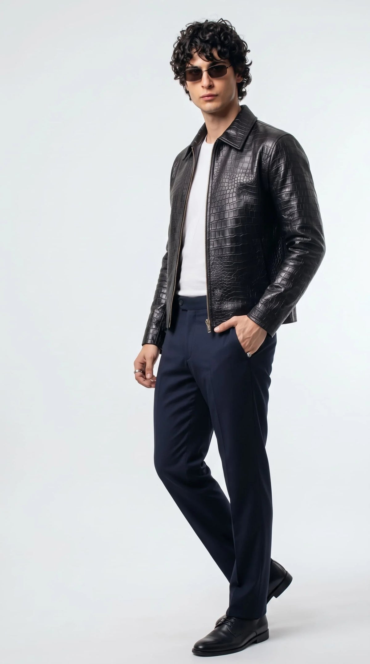 Men's slim fit black alligator print leather jacket with detailed scale texture, durable zip closure and tailored full sleeves, luxury designer look for casual and party wear