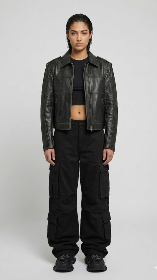 Jackero vintage-wash black leather racer jacket, featuring a sleek zip-up front and classic band collar.