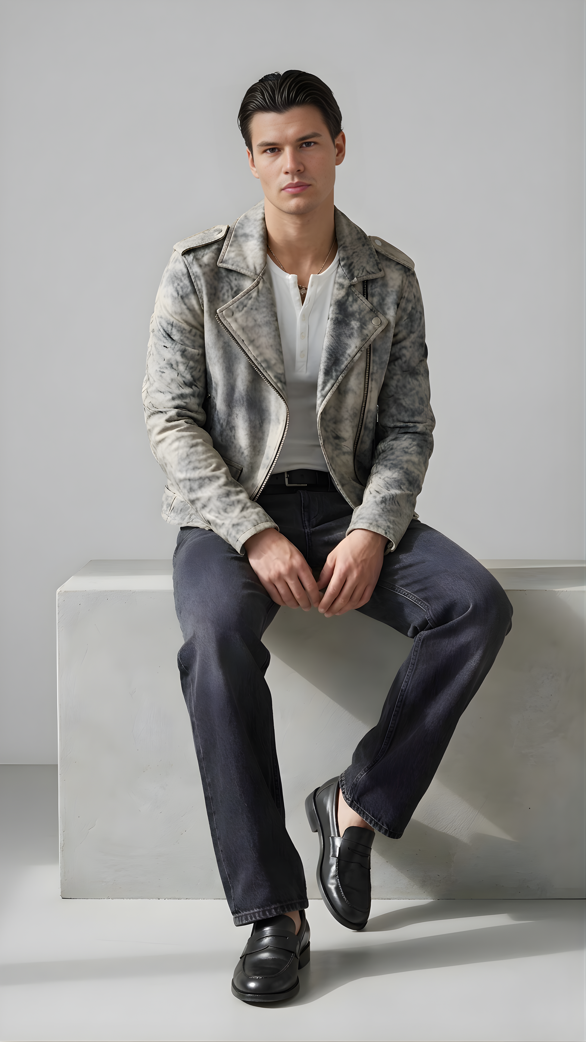 Streetwear fashion lookbook featuring a premium off-white black vintage leather jacket on a light grey background.