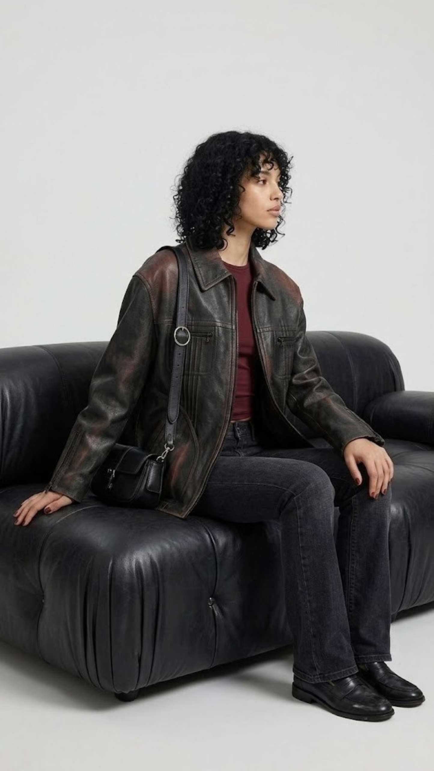 Detailed studio shot showcasing the premium buttons, chest pockets, and washed finish of a black leather trucker coat.