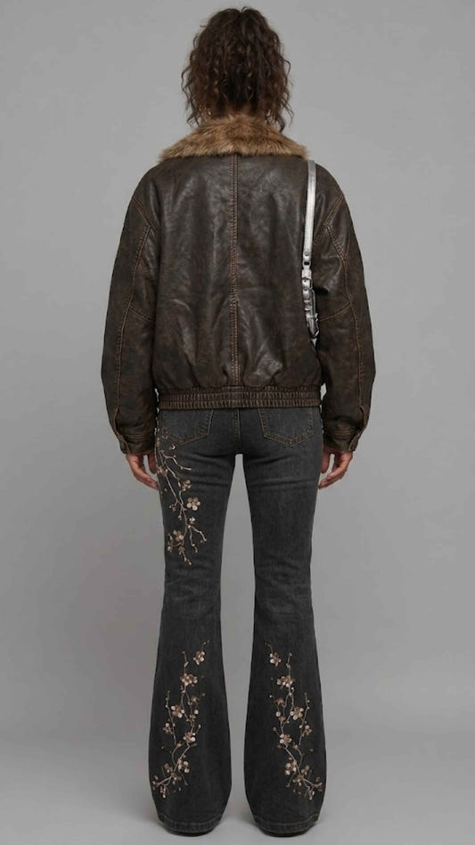 A model shown from the back wearing a dark brown leather jacket with a brown fur collar, paired with dark gray flared jeans featuring floral embroidery down the back.