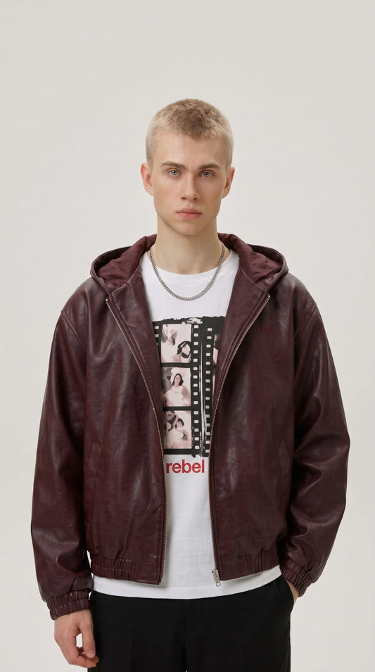 Retro Y2K style burgundy leather hoodie bomber jacket for men, relaxed fit with elastic waistband and zip closure