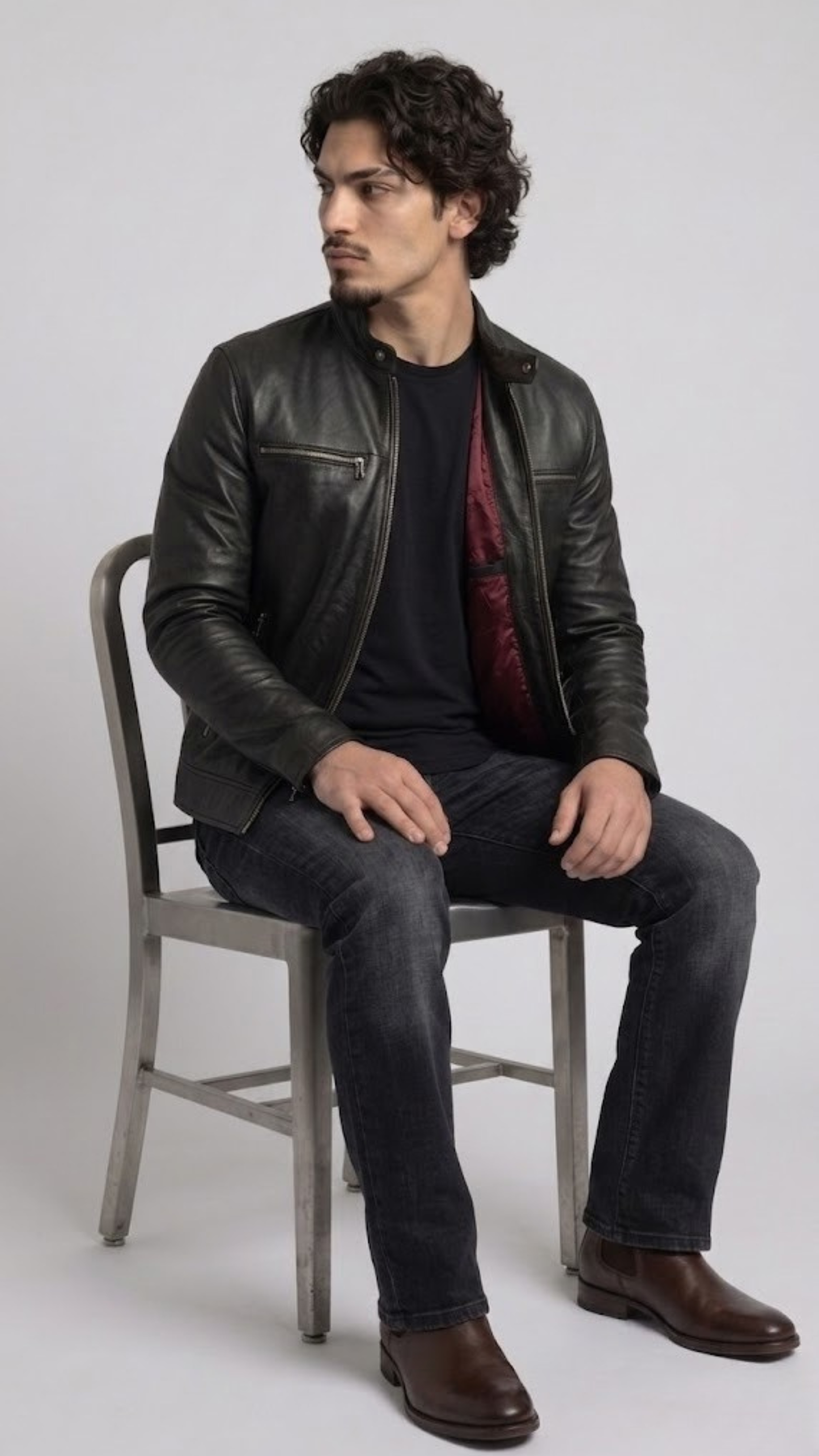 Timeless style statement fashion concept featuring an edgy black leather asymmetric biker jacket for a rugged streetwear look.