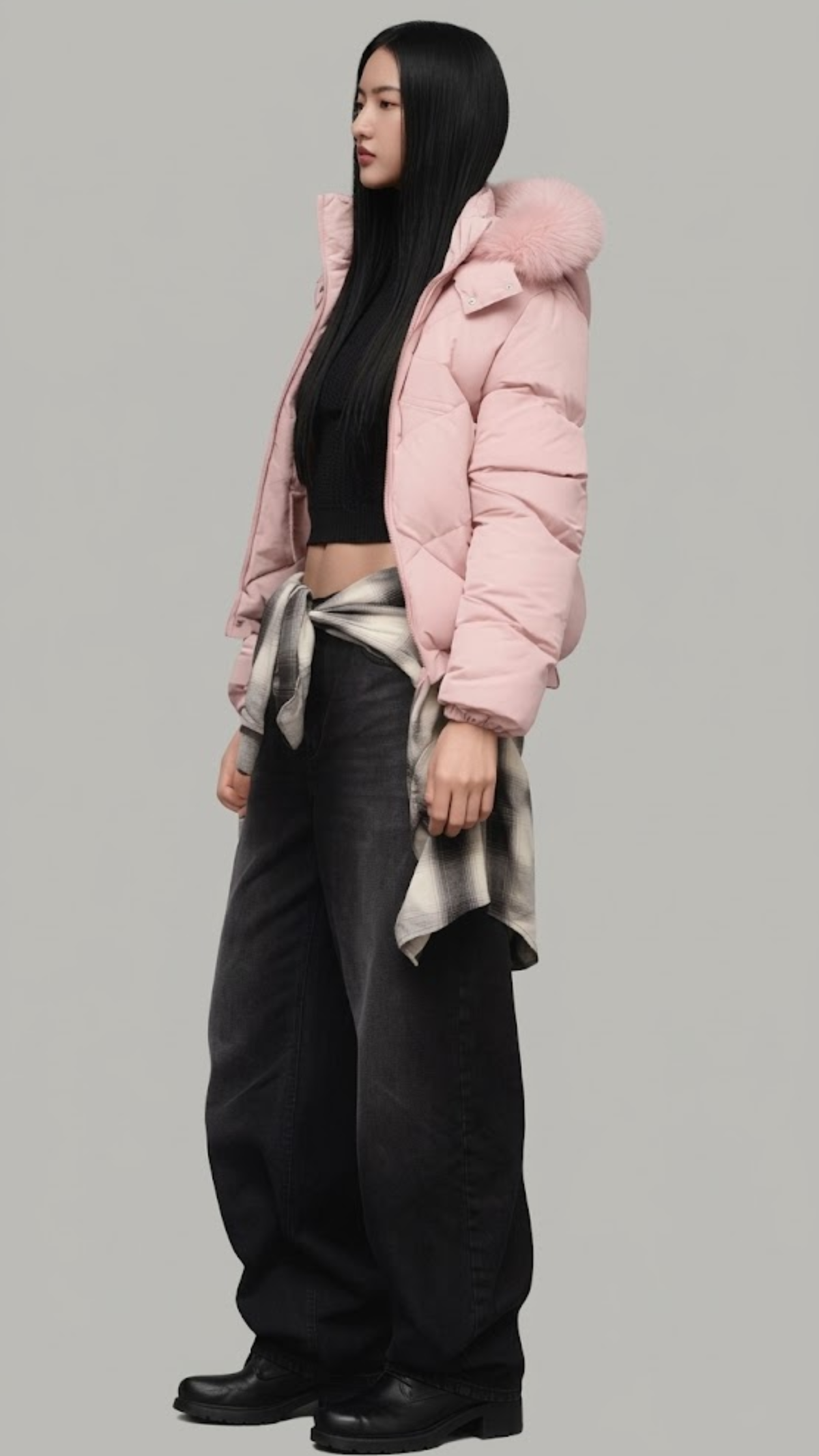 Streetwear style showcasing a designer oversized pastel pink puffer jacket with a fur hood and dark grey wide-leg trousers.