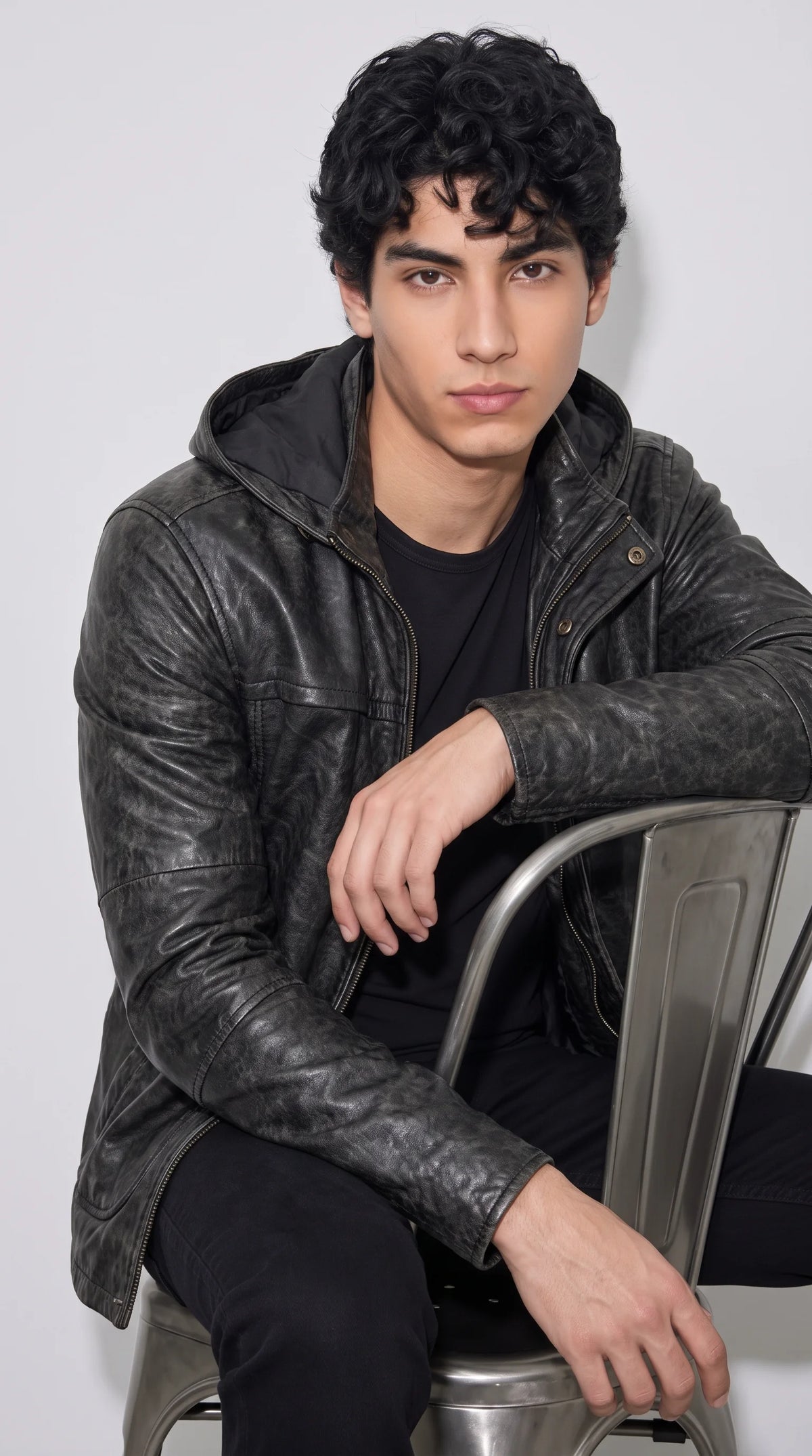 Rugged black leather hooded jacket styled with a monochrome outfit, showcasing its relaxed shape, structured shoulder panels, stitched sleeve construction and vintage-inspired finish for everyday men’s fashion.