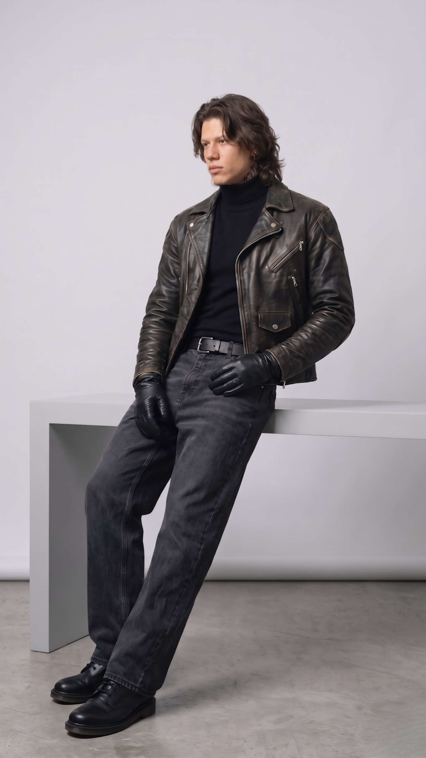 A man wearing a distressed black leather motorcycle jacket, black turtleneck, dark gray jeans, black leather gloves, and black leather shoes, leaning against a minimalist white geometric bench in a studio setting.