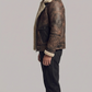 Men's vintage-style dark brown aviator leather coat with a warm cream fur lining.