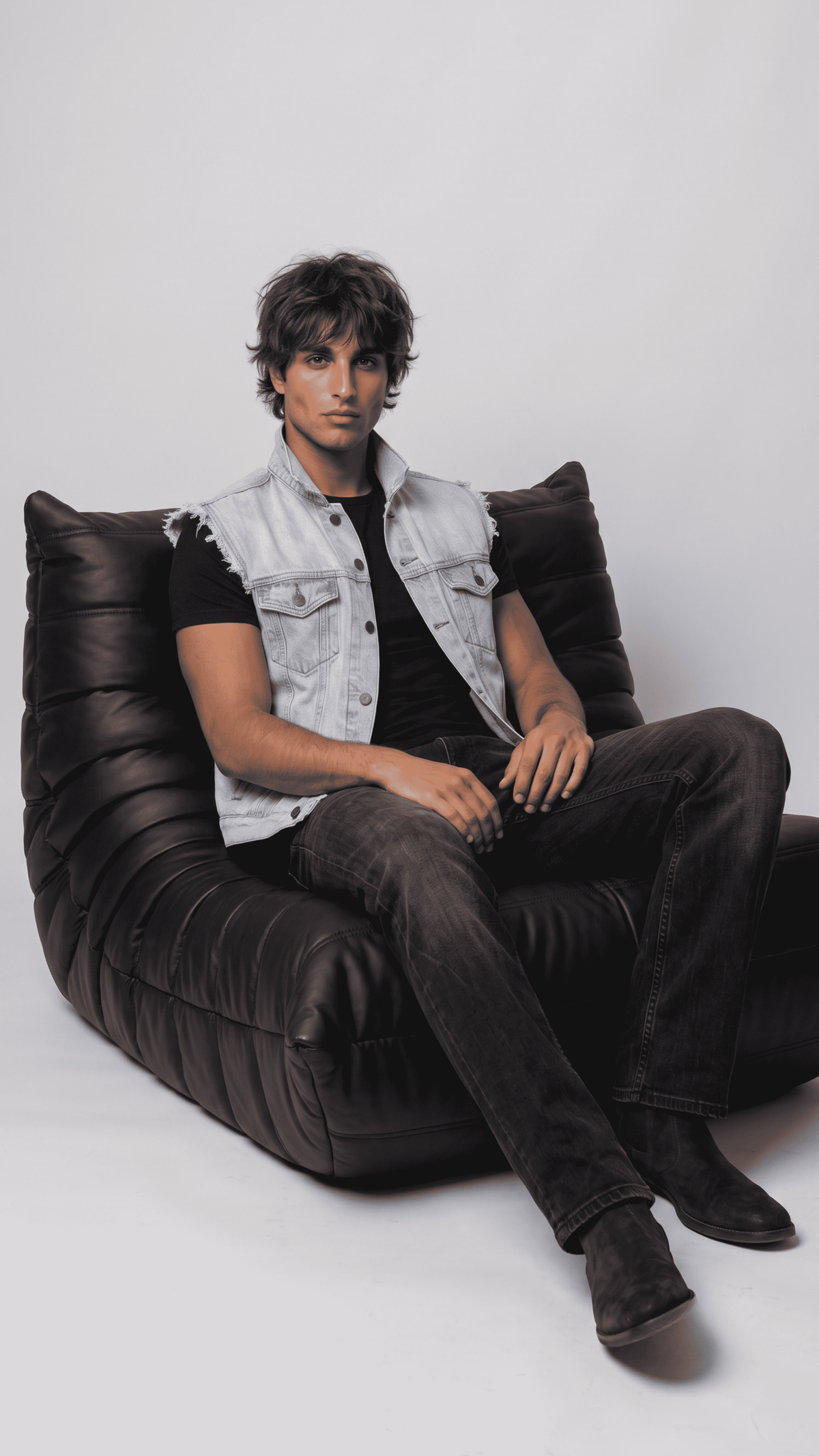 Men's contemporary casual fashion showcasing a stylish light blue jean waistcoat layered effortlessly over a plain white t-shirt.