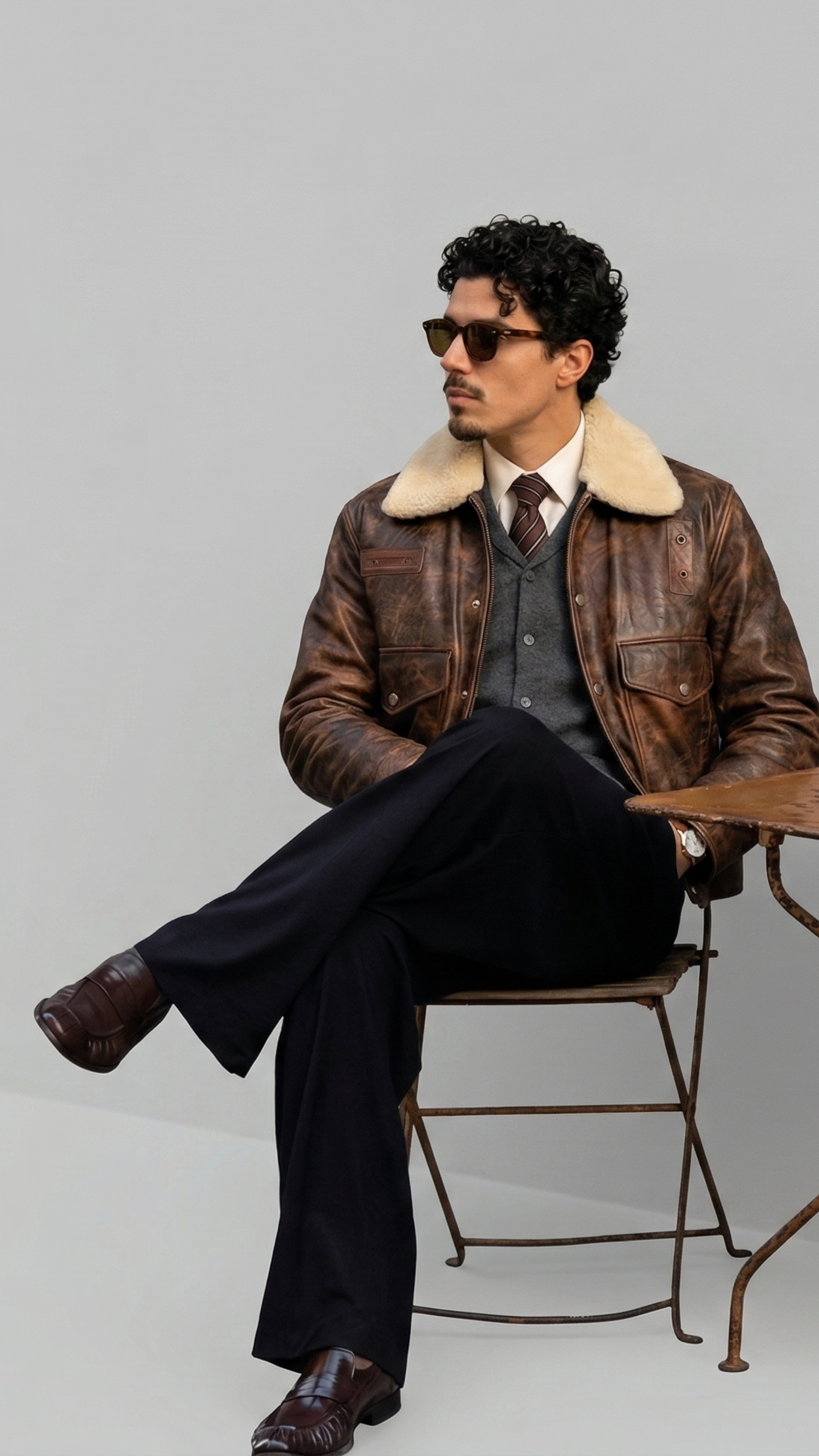 Man sitting on a chair wearing a brown leather jacket with fur lining, dark pants, and sunglasses.