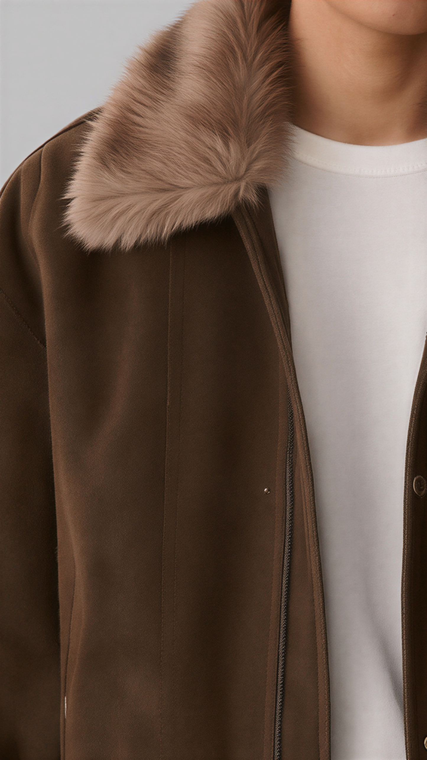 Brown coat with fur collar worn by a person, on a neutral background