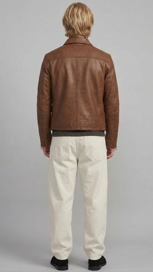 Symmetrical back view of a structured brown leather coat, highlighting the clean shoulder yoke and minimalist, tailored fit alignment.