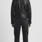 Structured back view of a luxury men's black leather biker jacket, showcasing premium paneling and enhanced shoulder alignment.