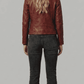 Symmetrical back perspective of a structured dark red leather biker coat, showcasing clean seam lines and a sleek tailored finish.
