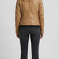 Camel brown genuine leather moto jackero jacket for women styled with black top and jeans