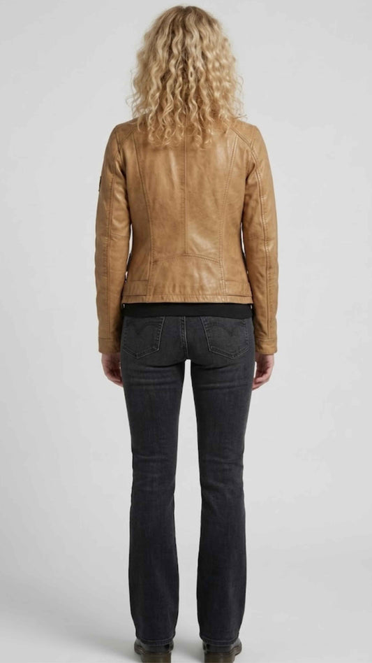 Camel brown genuine leather moto jackero jacket for women styled with black top and jeans
