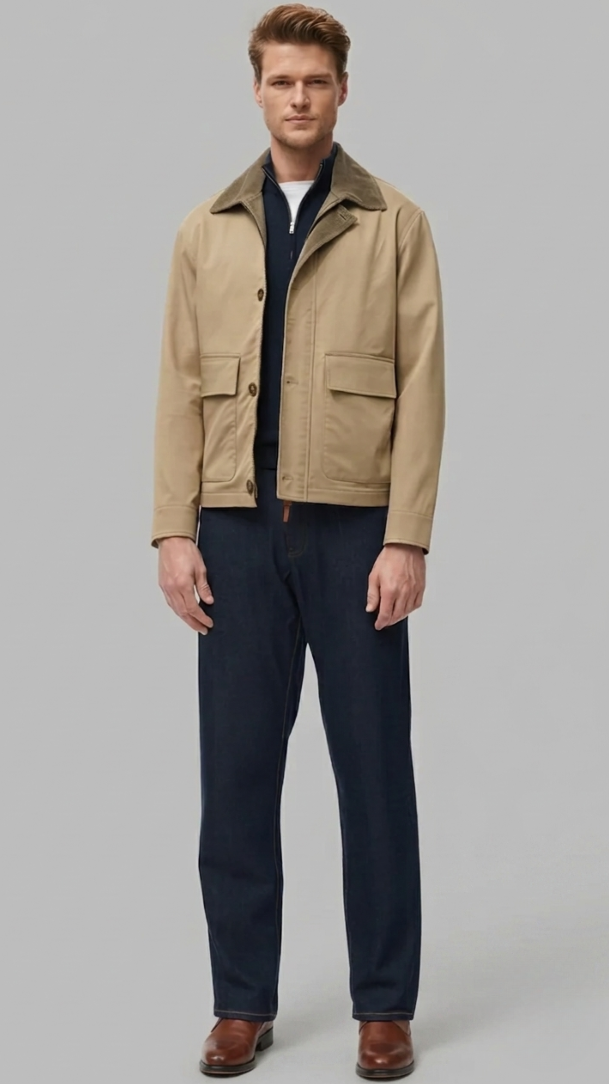 minimalist beige cotton jacket featuring a clean structured silhouette in a neutral sand tone.