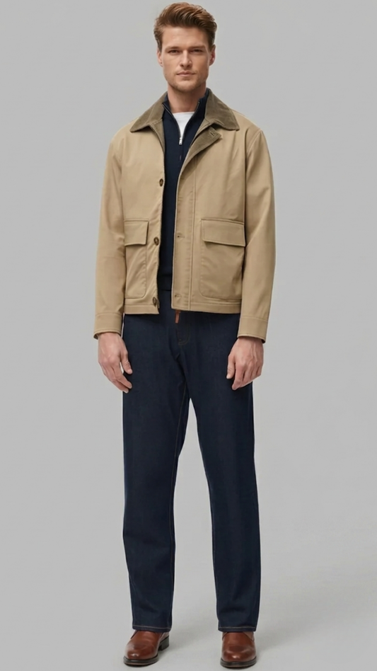 minimalist beige cotton jacket featuring a clean structured silhouette in a neutral sand tone.