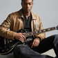 distressed light brown leather jacket sitting pose