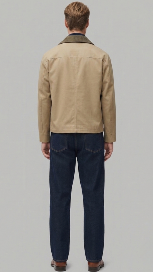 Back view of a structured beige cotton coat highlighting squared shoulders and precise central seam alignment.