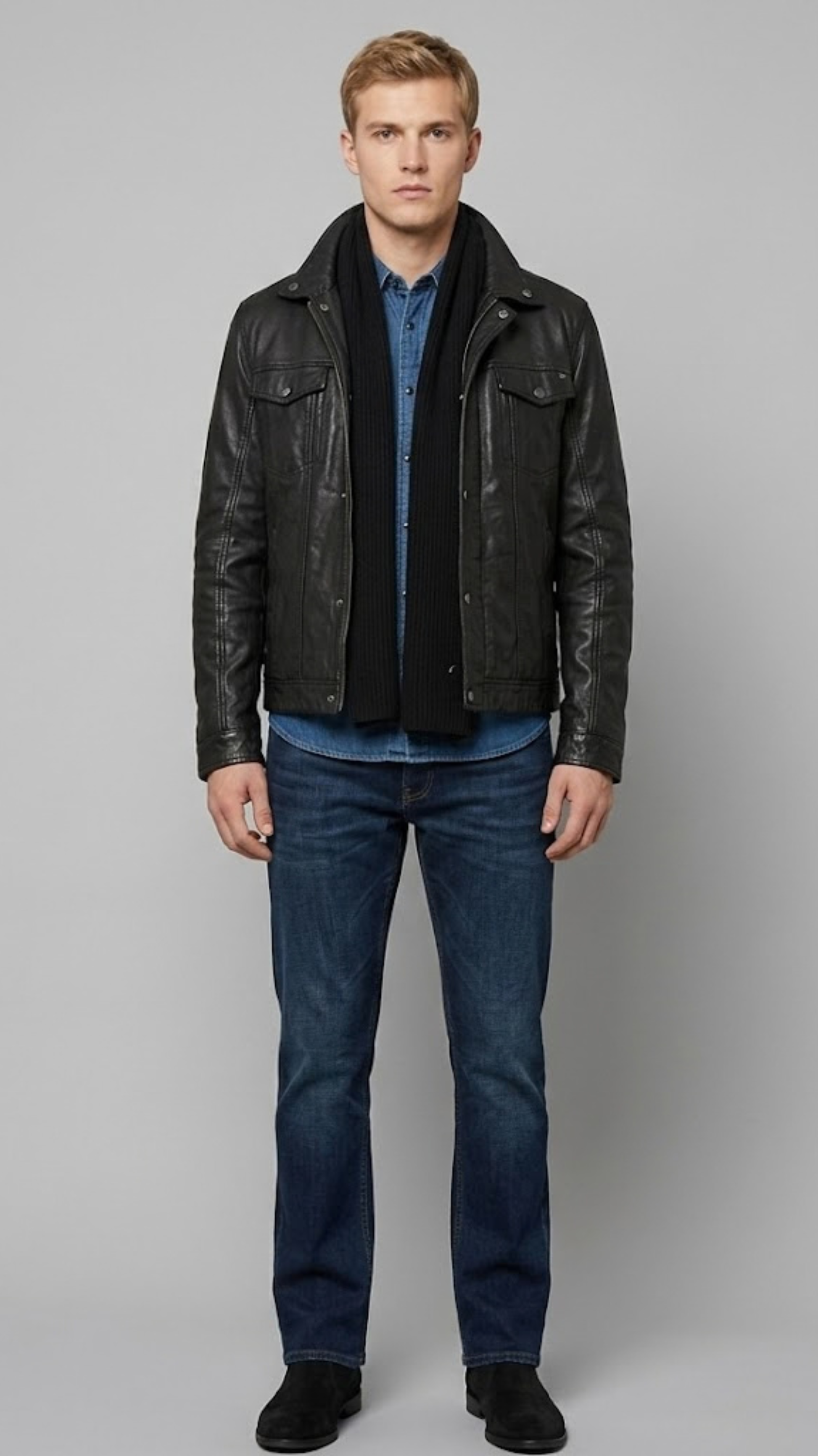 Full-body studio lookbook photo of the Jackero classic black leather trucker jacket with clean silver button accents, front pose orientation.