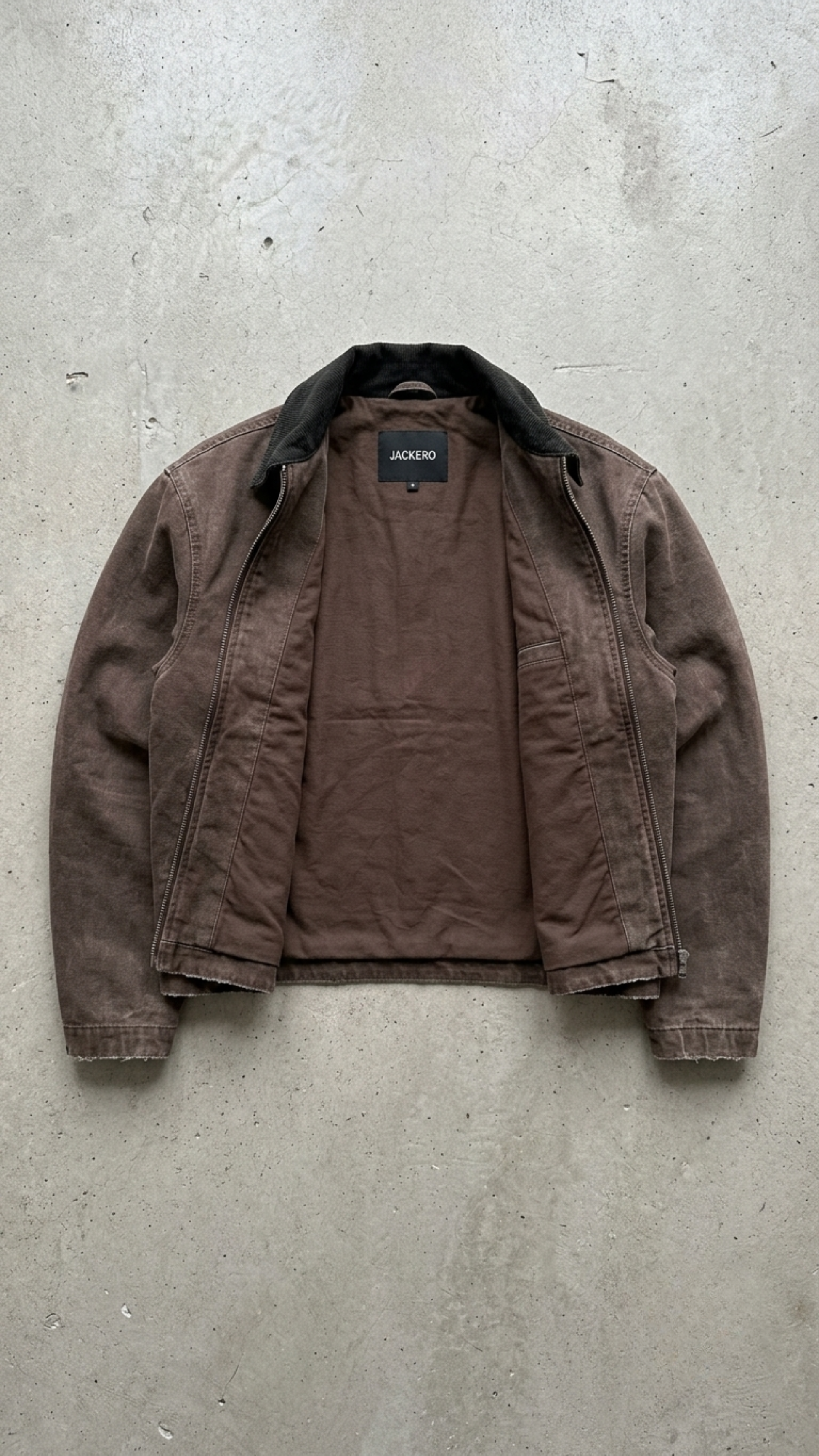 high-quality durable brown canvas fabric stitching and functional pockets on a utility jacket.