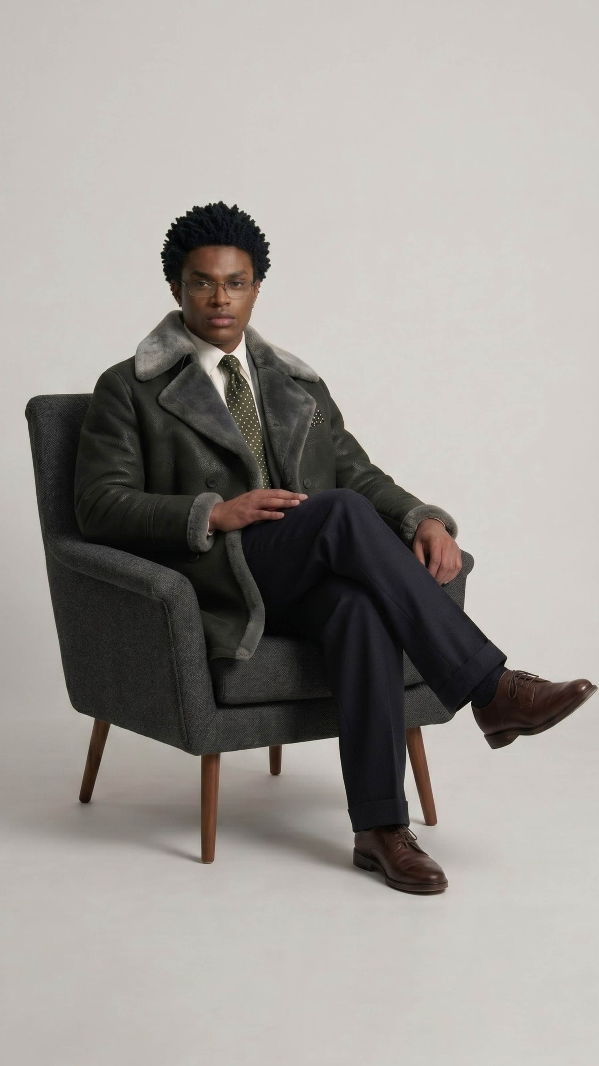 Professional studio showcasing a sophisticated dark grey long leather shearling coat.
