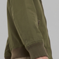 Close-up shot of the premium olive green cotton fabric weave and reinforced stitching on the jacket collar.