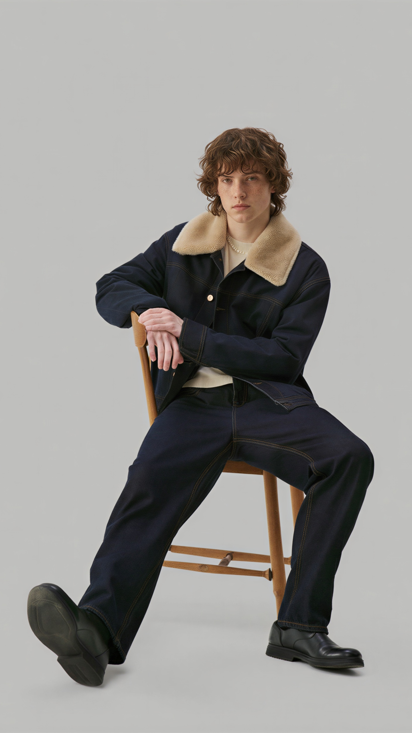 A man with curly brown hair sits on a wooden chair wearing a dark navy jacket with a beige shearling-style collar, matching dark trousers, and black shoes against a solid gray background.