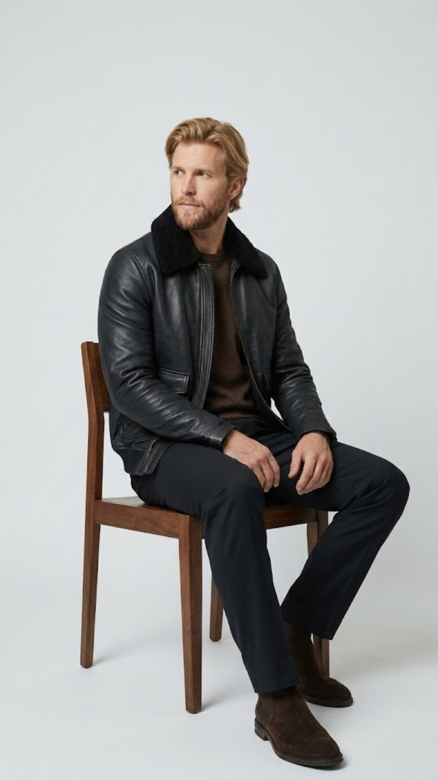 Rugged yet refined winter fashion lifestyle concept featuring an all-black leather bomber jacket with cozy fur collar detailing.