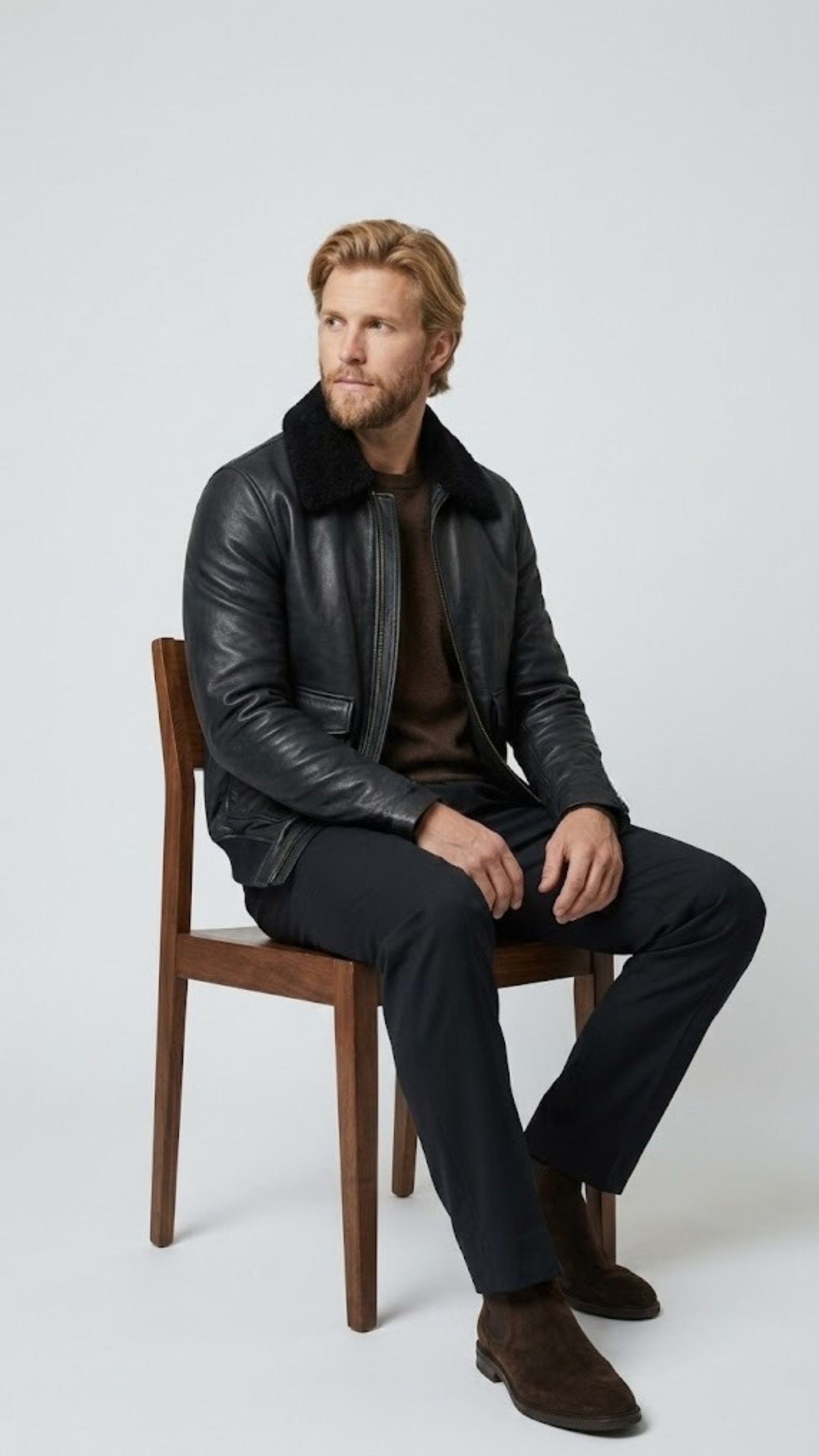 Rugged yet refined winter fashion lifestyle concept featuring an all-black leather bomber jacket with cozy fur collar detailing.