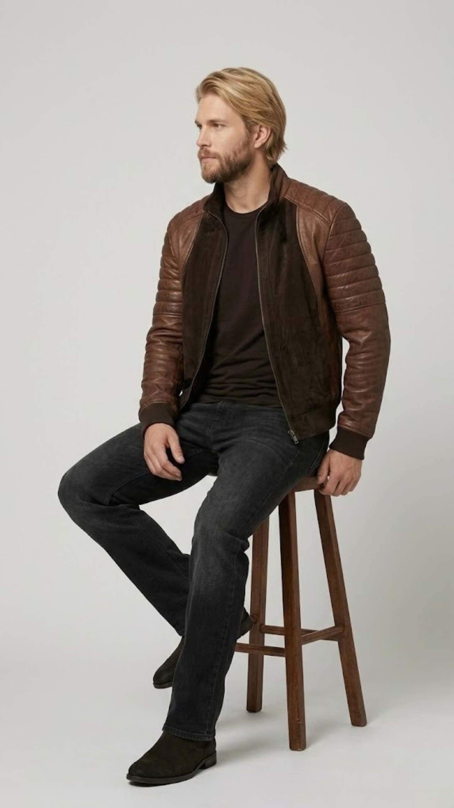 Detailed studio shot highlighting the minimalist band collar, neat stitching, and metallic zipper accents of a dark brown suede jacket.