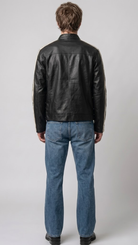A woman viewed from behind wearing a beige textured leather jacket, gray jeans, and brown shoes, carrying a brown shoulder bag against a light gray studio background.