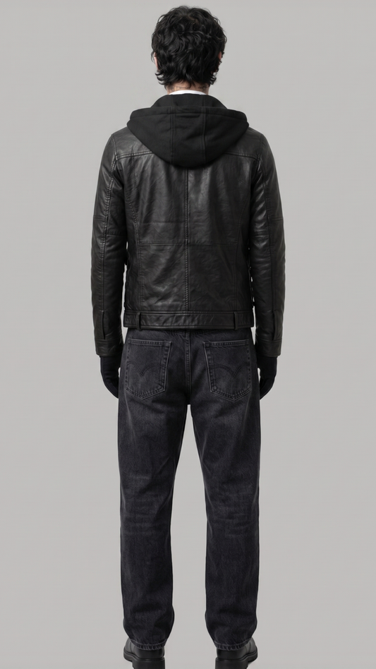A man viewed from behind wearing a black leather hooded jacket, dark gray jeans, and black gloves against a solid gray studio background.