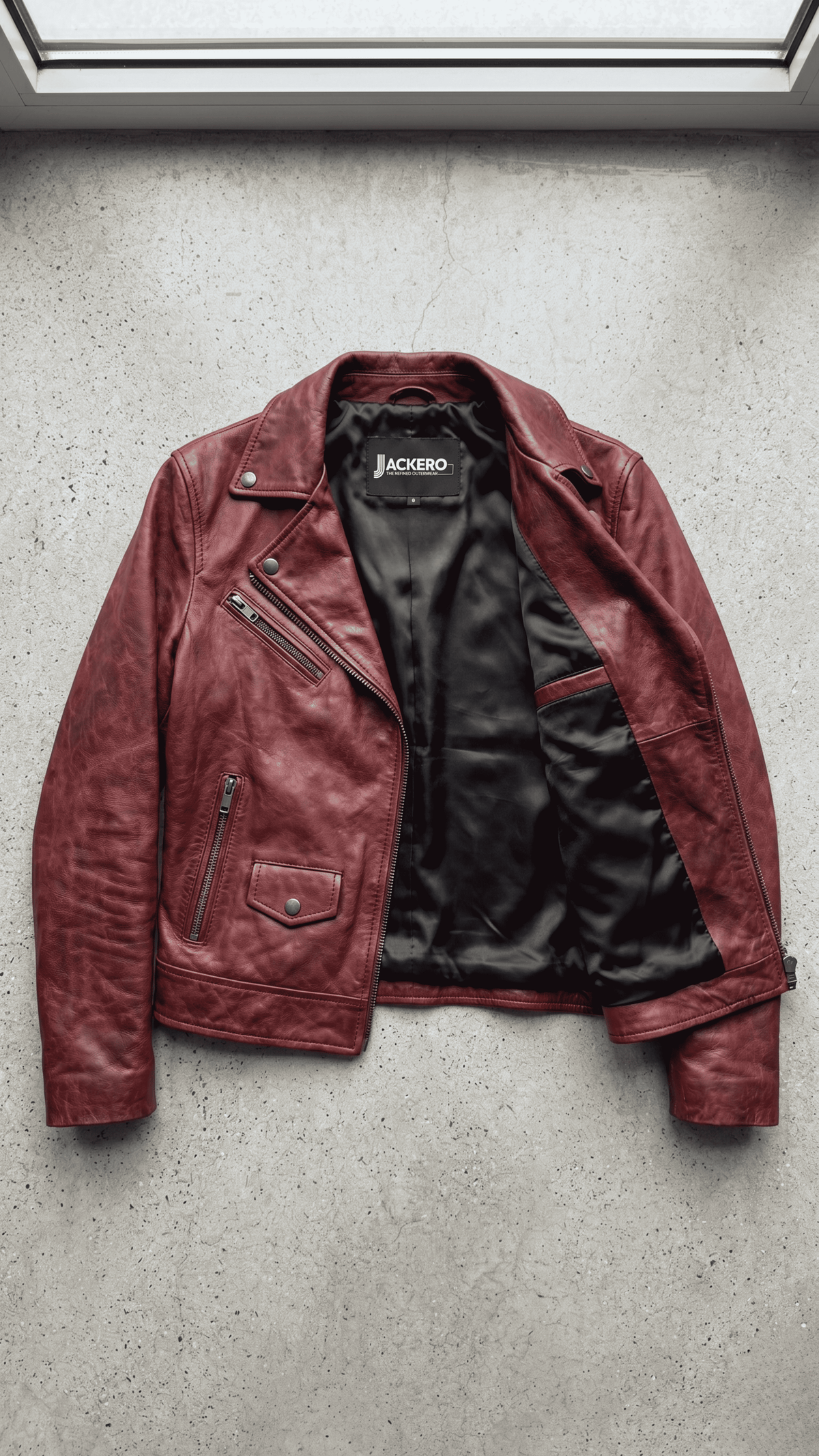 Premium Jackero dark red genuine leather jacket presented on a neutral studio backdrop, highlighting rich color tones and outerwear craftsmanship.